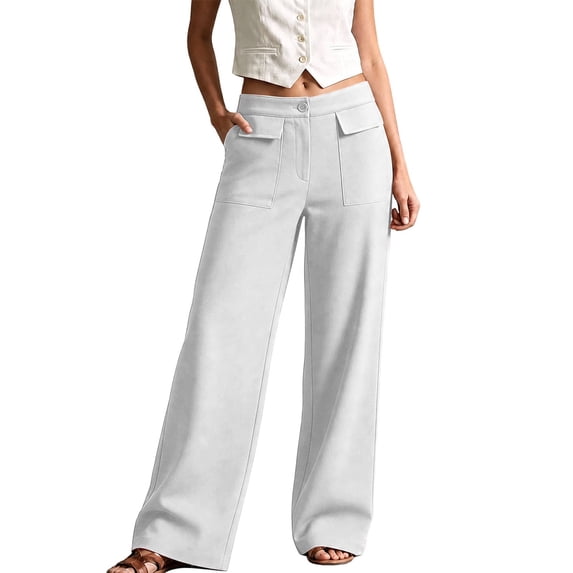 Women's Patch Pocket Wide Leg Pants, Button Zip Waist, Front Patch Pockets, Relaxed Fit