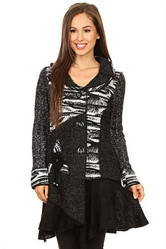 Women's Patchwork Black Button Down Cardigan Coat Sweater