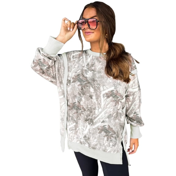 Women's Patchwork Camo Print Baggy Sweatshirt – Fall Comfort for Everyday Outings [ZhiHiMeRi] | L