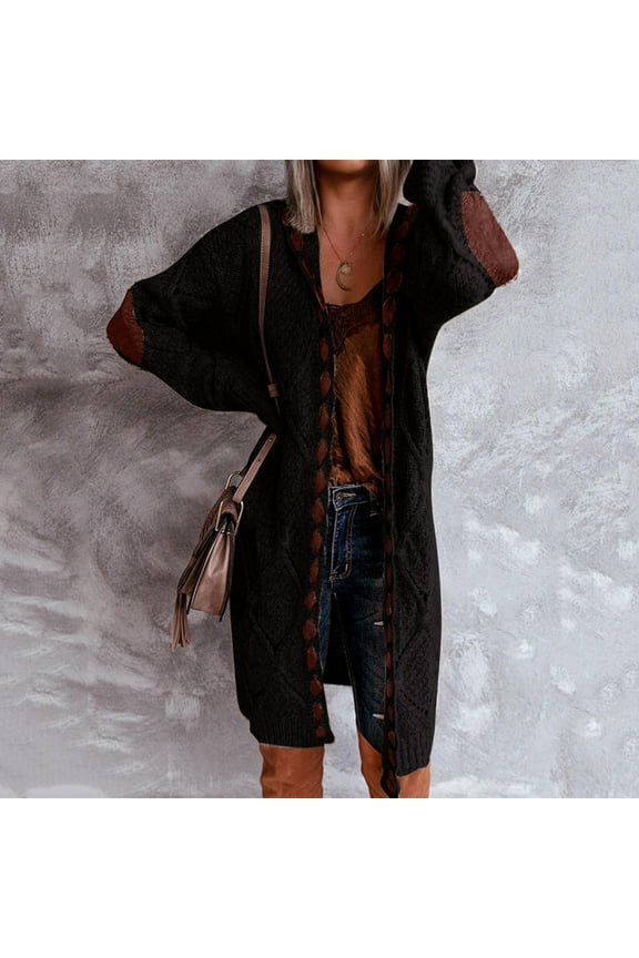 Women's Patchwork Cardigan Long Sleeve Cardigan Knit Sweater Jacket Pocket Long Sweater Duster for Women