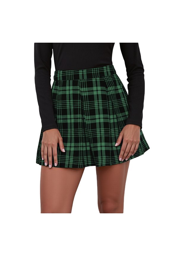 Women's Patchwork Checked Pleated Skirt Waist Defining Skirt Green M