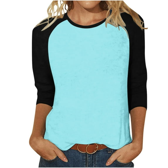 Women's Patchwork Color Block Print Loose T-shirt 3/4 Sleeves Blouse Round Neck Casual