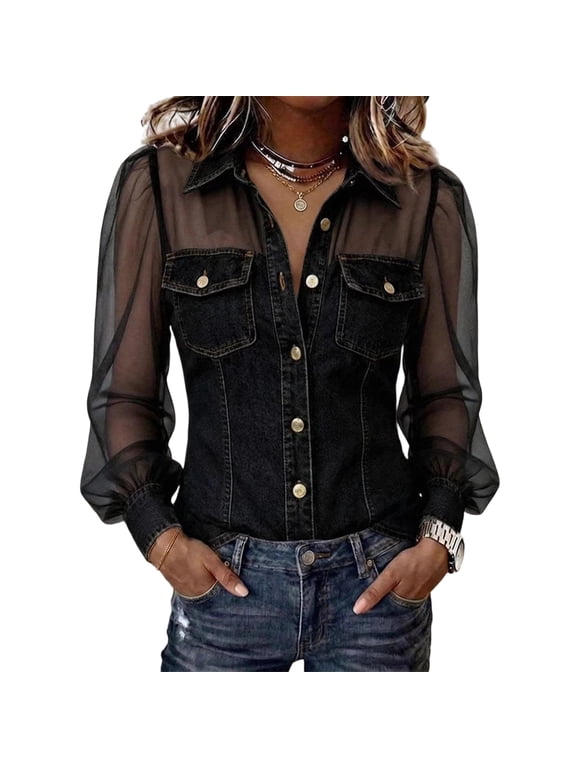 Women's Patchwork Denim Blouse, Sheer Mesh Long Sleeve Button Down Shirt with Gold-Tone Buttons, Relaxed Fit Casual Top, 2XL