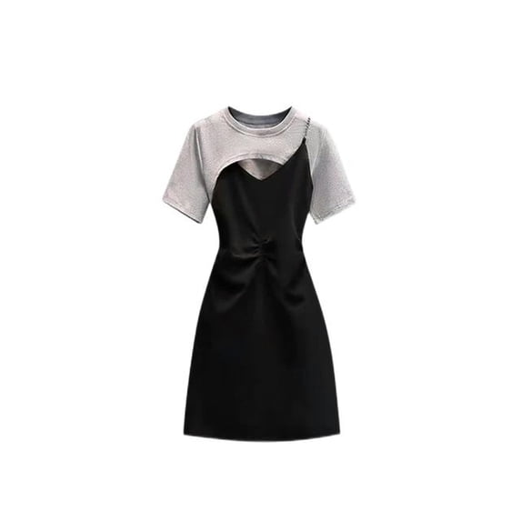 Women's Patchwork Dress Vintage Korean Fashion Harajuku Tunic Short Sleeve Elegant One Piece Mini Dress Y2k A-line Dresses -Grey-4XL