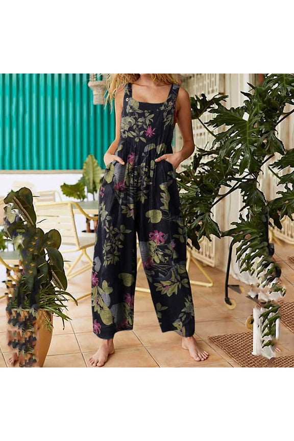 Women's Patchwork Dual Pocket Jumpsuit Loose Floral Print Bohemian Wide Leg Bib Overall Black XL