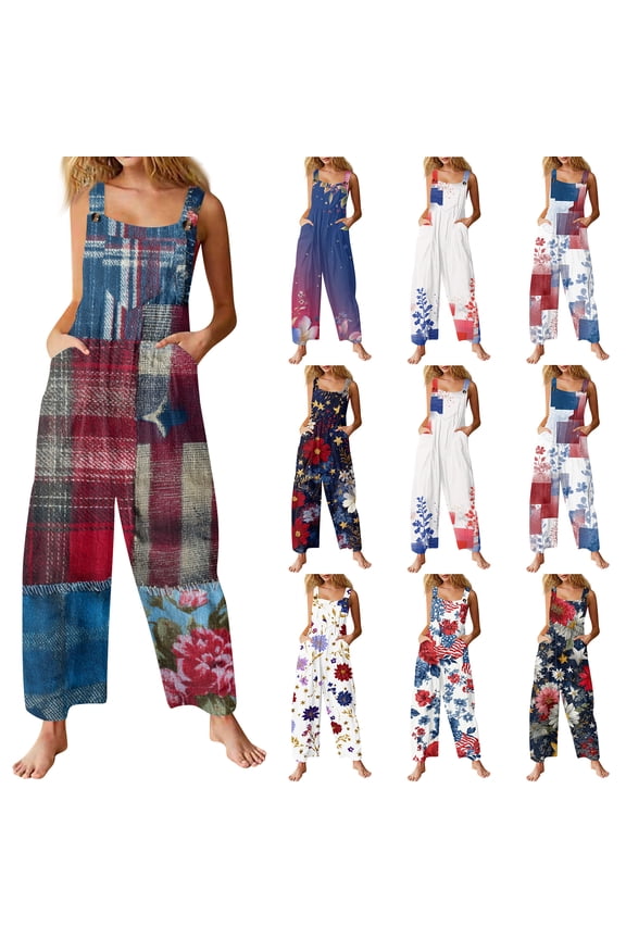 Women's Patchwork Dual Pocket Jumpsuit Loose Floral Print Bohemian Wide Leg Bib Overall Featuring Loose Fit Wide Leg Jumpsuit Red XL
