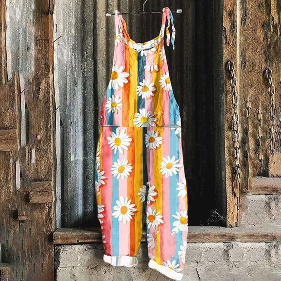 Women's Patchwork Dual Pocket Jumpsuit Loose Floral Print Bohemian Wide Leg Bib Overall Multicolor A L