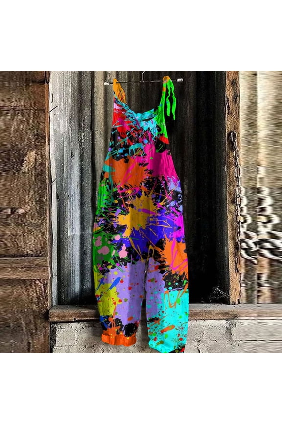 Women's Patchwork Dual Pocket Jumpsuit Loose Floral Print Bohemian Wide Leg Bib Overall