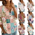thumbnail image 1 of Women's Patchwork Floral 3/4 Sleeve Blouse - V-Neck Button Down Boho Tunic Top, Lightweight Casual Loose Fit Shirt for Spring Summer Sky Blue XXL, 1 of 6