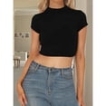 thumbnail image 1 of Women's Patchwork Half Turtleneck Slim Fit Crop Top Tee Shirt, 1 of 5