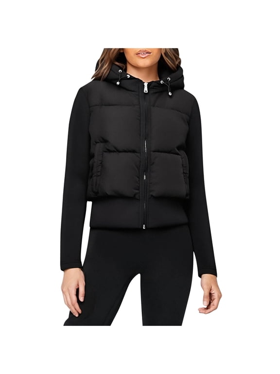 Women's Patchwork Jacket Long Sleeve Zip Up Padded Jacket Solid Color Hooded Outwear Coat Black M