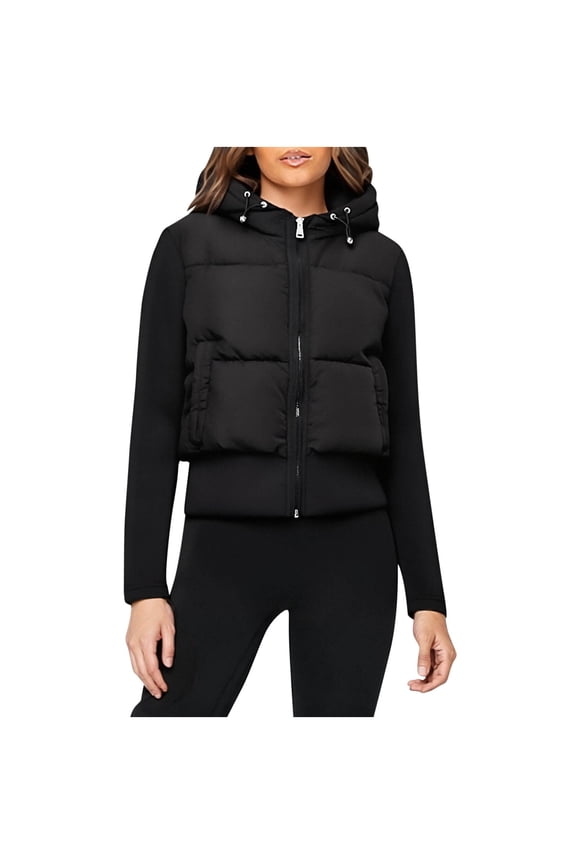 Women's Patchwork Jacket Long Sleeve Zip Up Padded Jacket Solid Color Hooded Outwear Coat Black XS
