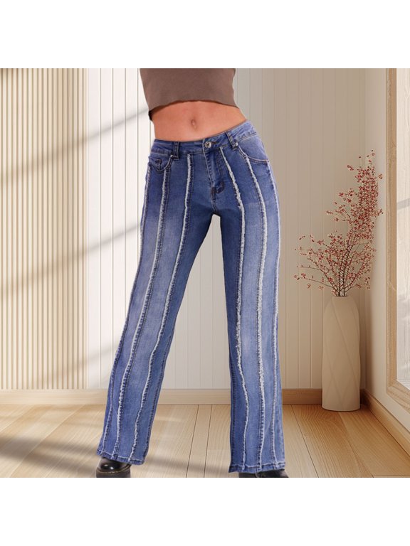 Women's Patchwork Jeans Bell Bottom Hem Denim Pants Slim Bootcut Jean