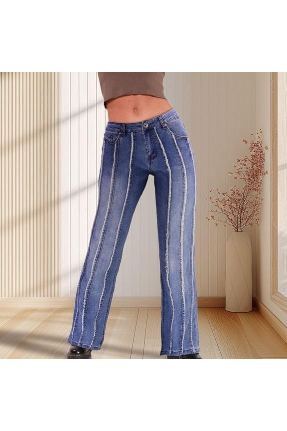 Women's Patchwork Jeans Bell Bottom Hem Denim Pants Slim Bootcut Jean