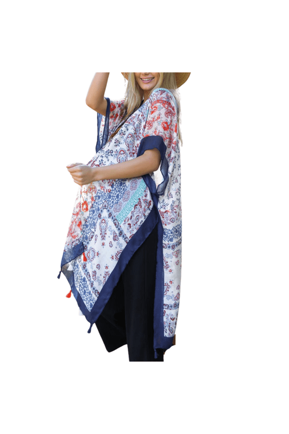 Women's Patchwork Kimono with Tassels One Size Blue Red Boho Western Duster Cardigan Lightweight Viscose Open Front