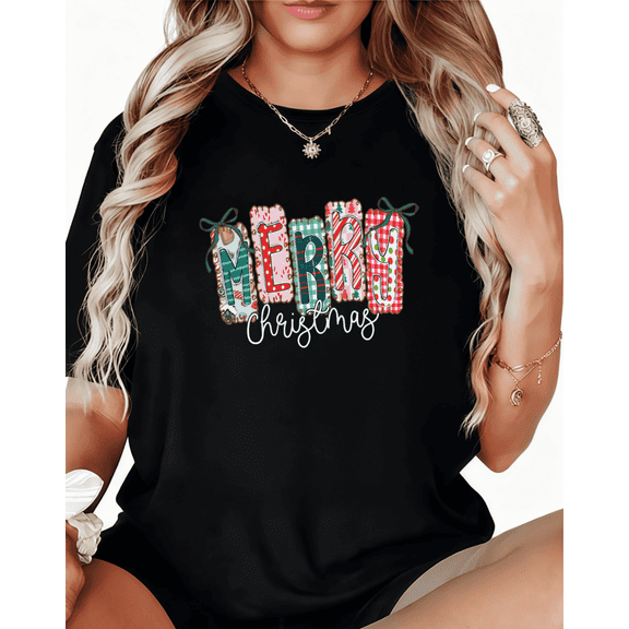 Women's Patchwork Merry Christmas Typography Graphic Oversized Cotton T-Shirt Black S-5XL