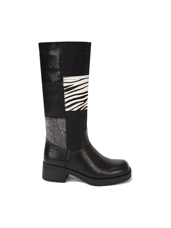 Women’s Patchwork Animal Print Knee-High Boots with Block Heel
