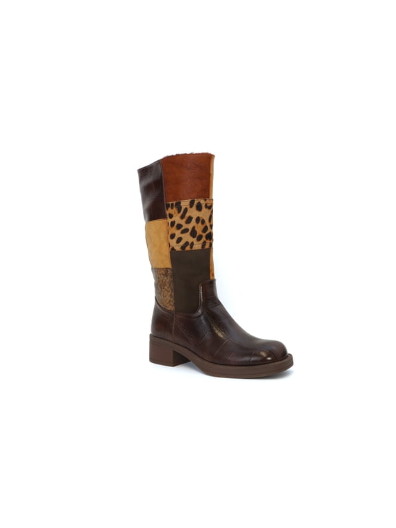 Women’s Patchwork Animal Print Knee-High Boots with Block Heel
