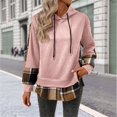 thumbnail image 1 of Women's Patchwork Plaid Hoodie with Drawstring Hood, Casual Long Sleeve Pullover with Side Slits, Comfortable Loose Fit Fall Sweatshirt for Streetwear, Daily Wear and Seasonal Outfits Pink S, 1 of 4