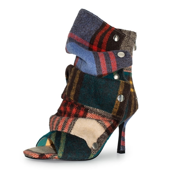 Women's Patchwork Plaid Open Toe Slouchy Stiletto High Heel Ankle Boots ...