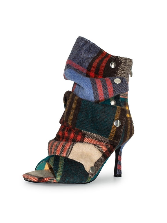 Women's Patchwork Plaid Open Toe Slouchy Stiletto High Heel Ankle Boots Snap Buttons Back Zipper Fold Over Trend Streetwear Heels Booties