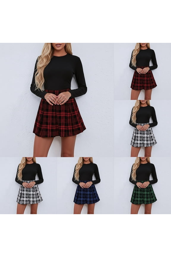 Women's Patchwork Plaid Pleated Skirt Waist Defining Skirt Red XL