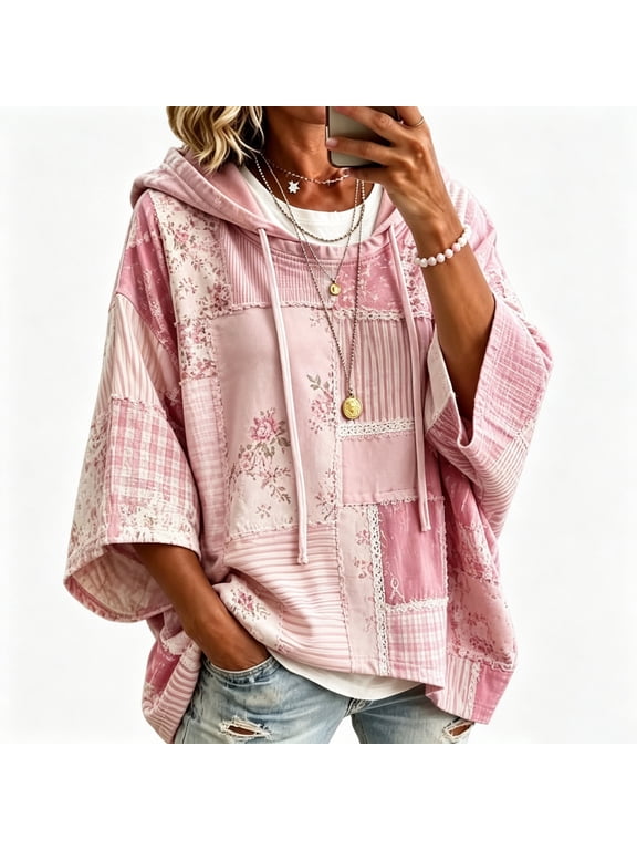 Women's Patchwork Print 3/4 Sleeve Hoodie - Loose Fit Pullover Sweatshirt with Drawstring Hood and Mixed Pattern Tunic Top for Casual Wear Light pink XL
