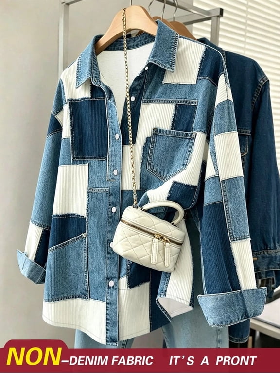 Women's Patchwork Print Button Down Shirt Long Sleeve Collared Blouse
