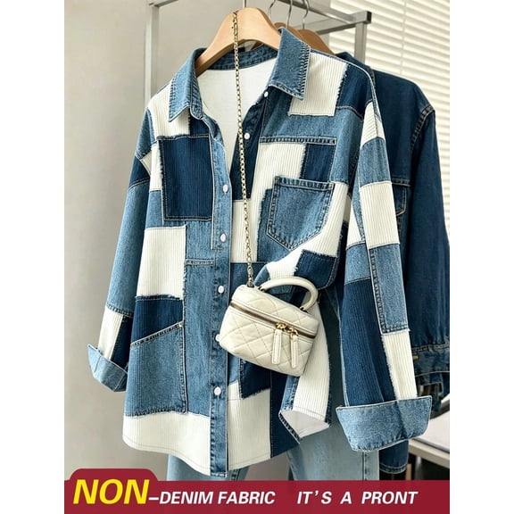 Women's Patchwork Print Button Down Shirt Long Sleeve Collared Blouse