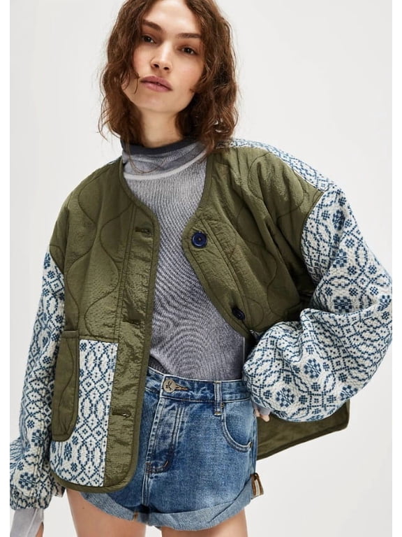 Women's Patchwork Print Quilted Jacket, Button Front Round Neck Coat with Puff Sleeves and Pockets