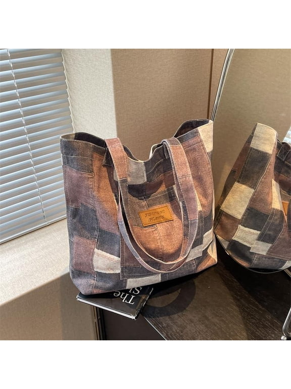 Women's Patchwork Shoulder Bag Geometric Design - Denim And Canvas Tote Bag, Boho Chic Crossbody Purse For Everyday Casual Use, Open Top