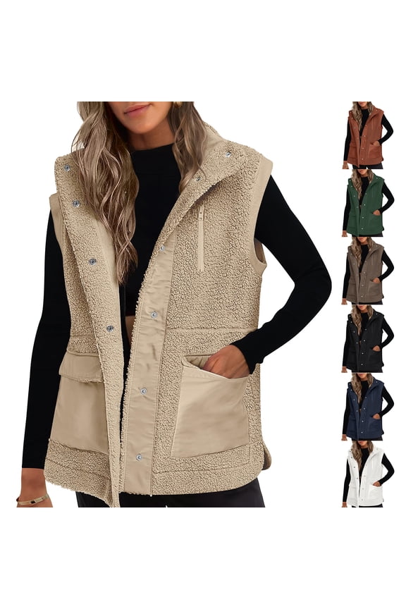 Women's Patchwork Sleeveless Lambswool Casual Versatile Warm Vest Jacket for Fall and Winter, Lightweight, Winter Clothes for Women,Coffee,XL