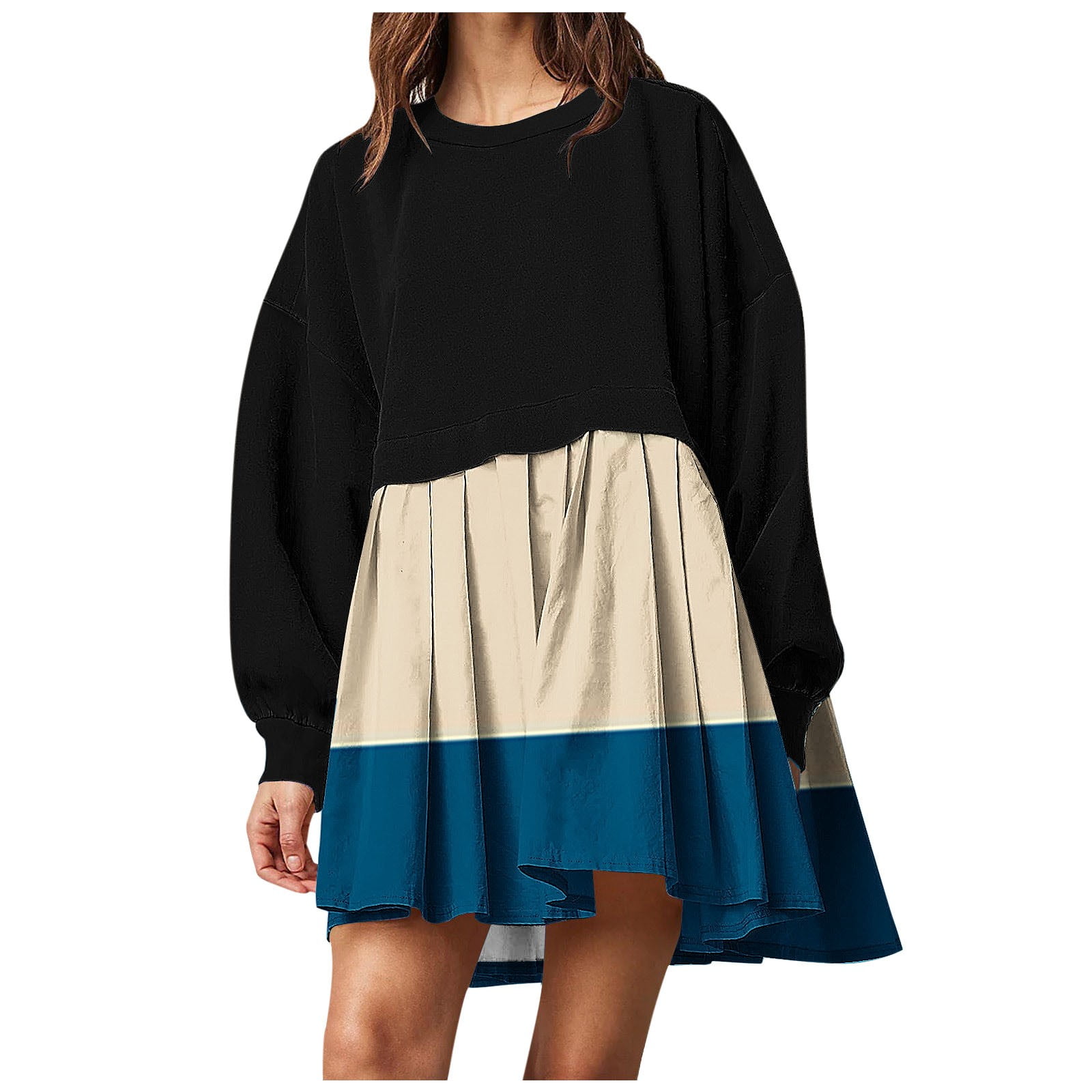 Yihaojia Women's Oversized Patchwork Sweatshirt Dress - Mock Neck Long Sleeve Pullover - Flowy Mini Dress Tops - View #6