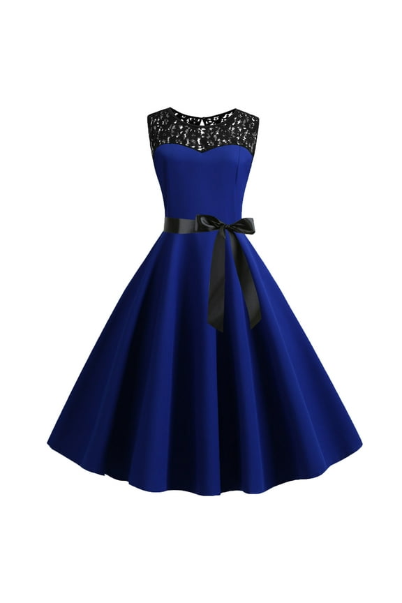 Women's Patchwork Swing Mini Dress Knee Length Empire Waisted Dress Plain Dress Solid Color Fashion Trending Dresses Casual Loose Summer Sleeveless Dress Round Neck Blue XL