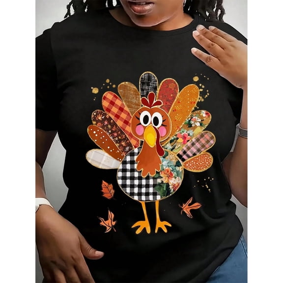 Women’s Patchwork Turkey Graphic T‑Shirt, Funny Thanksgiving Friendsgiving Holiday Short Sleeve Crew Neck Tee