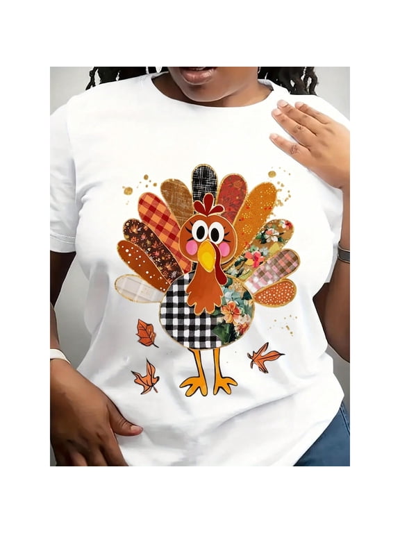 Women’s Patchwork Turkey Graphic T‑Shirt, Funny Thanksgiving Friendsgiving Holiday Short Sleeve Crew Neck Tee