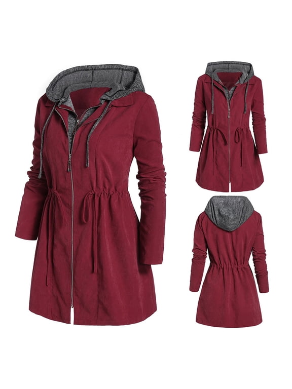 Women's Patchwork Winter Coat, Faux Two Piece Hooded Jacket with Drawstring Waist, Slim Fit Long Sleeve Zipper Up Outerwear with Pocket for Casual Daily Wear - Red