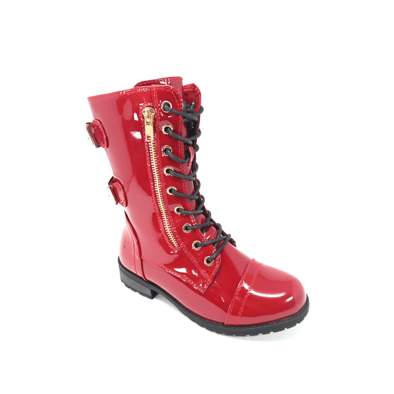 Women's Patent Color Buckle Strap Style Combat Boots Red Pat, 5