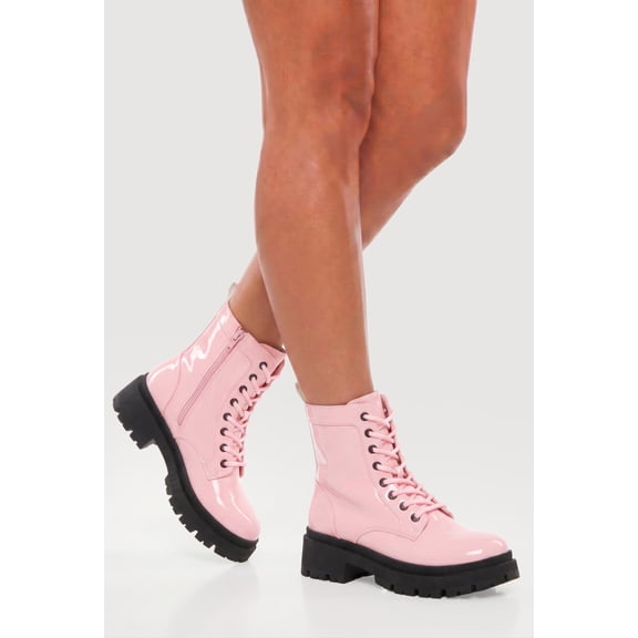 Women's Patent Faux Leather Lug Sole Combat Boots