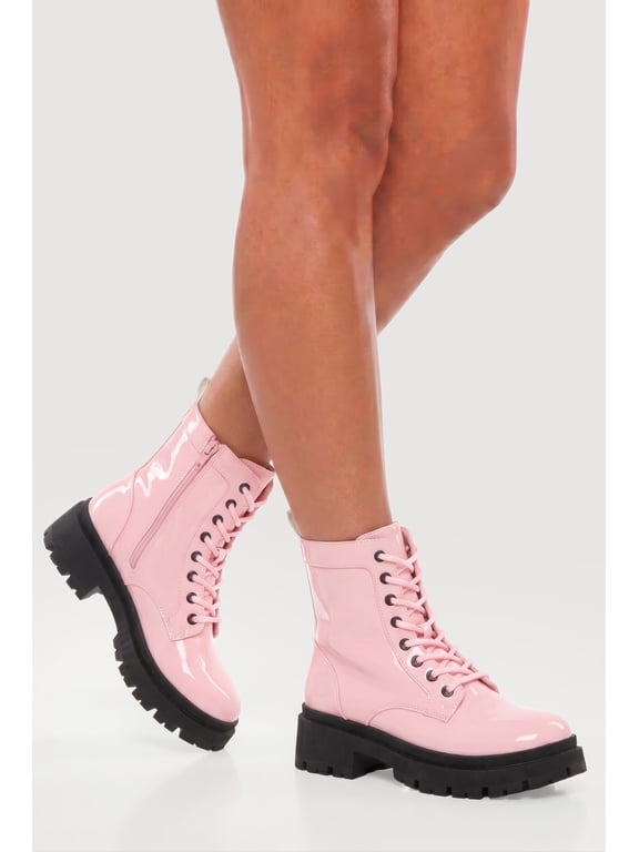 Women's Patent Faux Leather Lug Sole Combat Boots