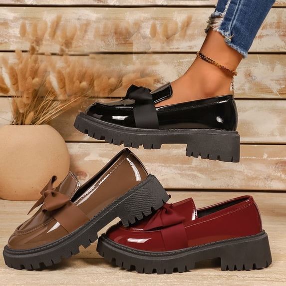 Women's Patent Leather Bow Round Toe Platform Loafers, Plus Size Comfortable Slip On Casual Work Shoes, Chunky Sole Loafers for Daily Wear Office Shopping