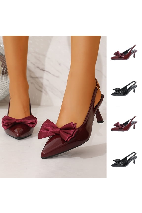 Women's Patent Leather Bow Slingback Heels, Pointed Toe Stiletto Dress Sandals, Plus Size Comfortable High Heel Shoes for Daily Wear