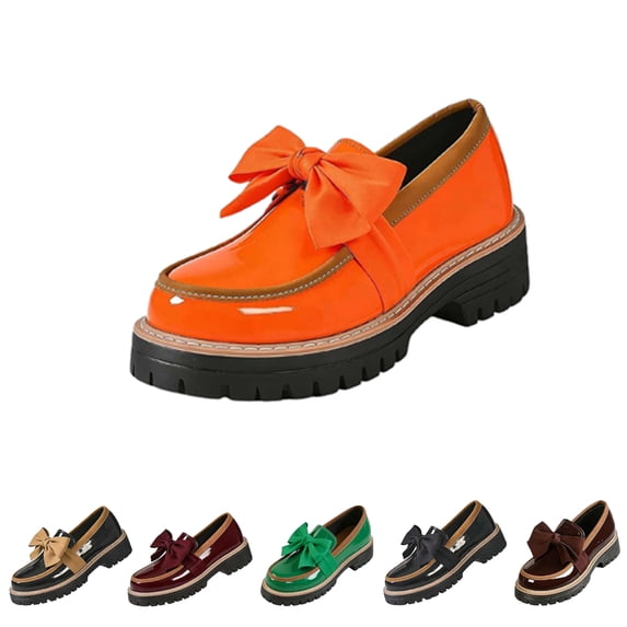 Women's Patent Leather Bowknot Chunky Platform Loafers Bowknot Round Toe Thick Sole Patent Leather Bows Loafers Non-Slip Shoes Retro Work Office Business Spring Fall Patent Leather Shoe with Bow