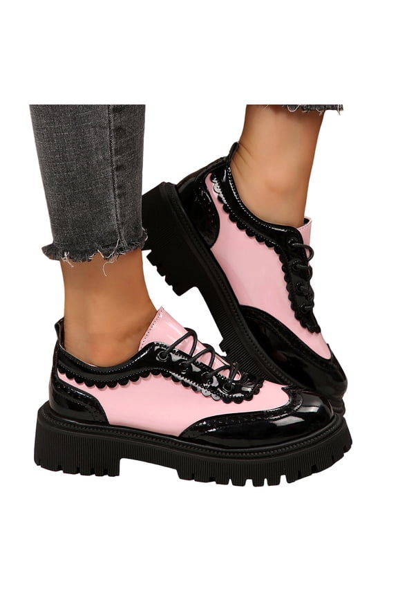 Women's Patent Leather Casual Shoes Thick Sole Platform Lace Up Loafers Fashion Color Blocking Walking Shoes Pink Size 8