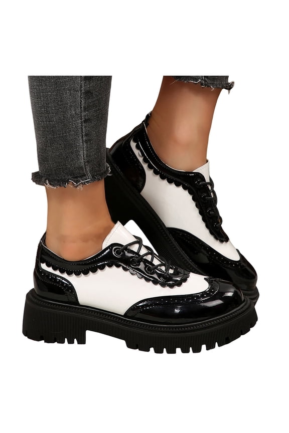 Women's Patent Leather Casual Shoes Thick Sole Platform Lace Up Loafers Fashion Color Blocking Walking Shoes White Size 9