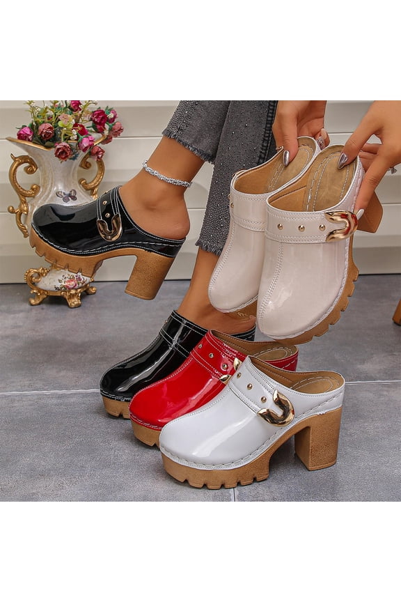 Women's Patent Leather Closed Toe Platform Mule Slides Chunky Block Heel Slip On Dress Slippers Non Slip Thick Sole Retro Casual Summer Outdoor Footwear