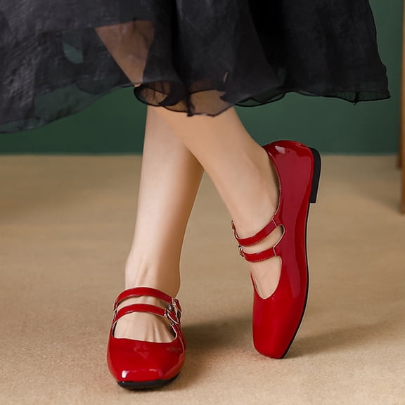 Women's Patent Faux Leather Flat Mary Jane Shoes Elegant Square Toe Two Ankle Strap Ballet Flats