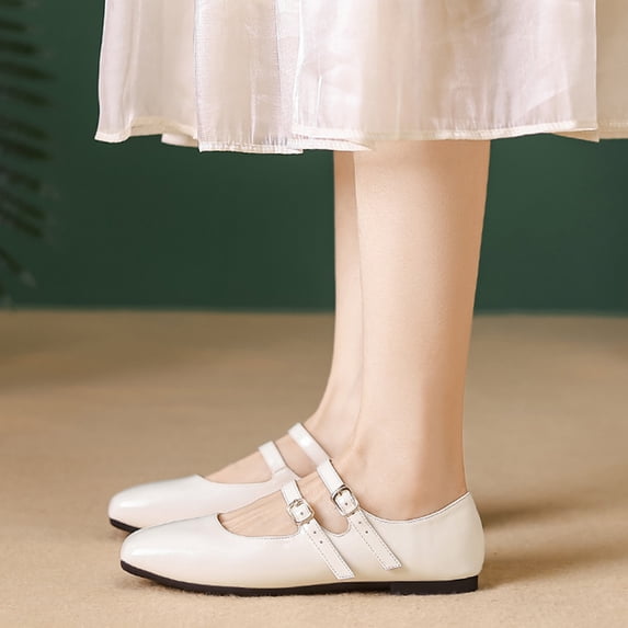 Women's Patent Faux Leather Flat Mary Jane Shoes Elegant Square Toe Two Ankle Strap Ballet Flats