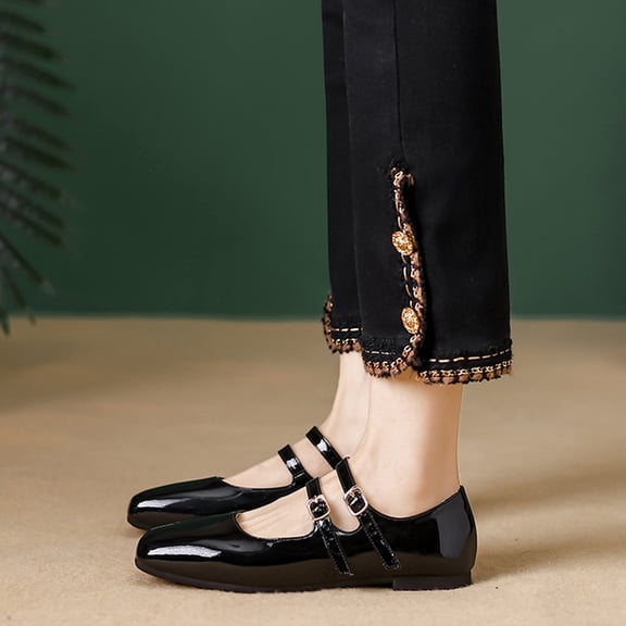 Women's Patent Faux Leather Flat Mary Jane Shoes Elegant Square Toe Two Ankle Strap Ballet Flats