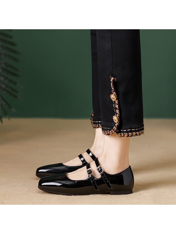 Women's Patent Faux Leather Flat Mary Jane Shoes Elegant Square Toe Two Ankle Strap Ballet Flats